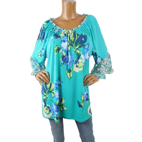 Susan Graver Tops - SUSAN GRAVER Top 1X Floral Blouse Stretch Green/Blue Print Chiffon Flared Sleeve